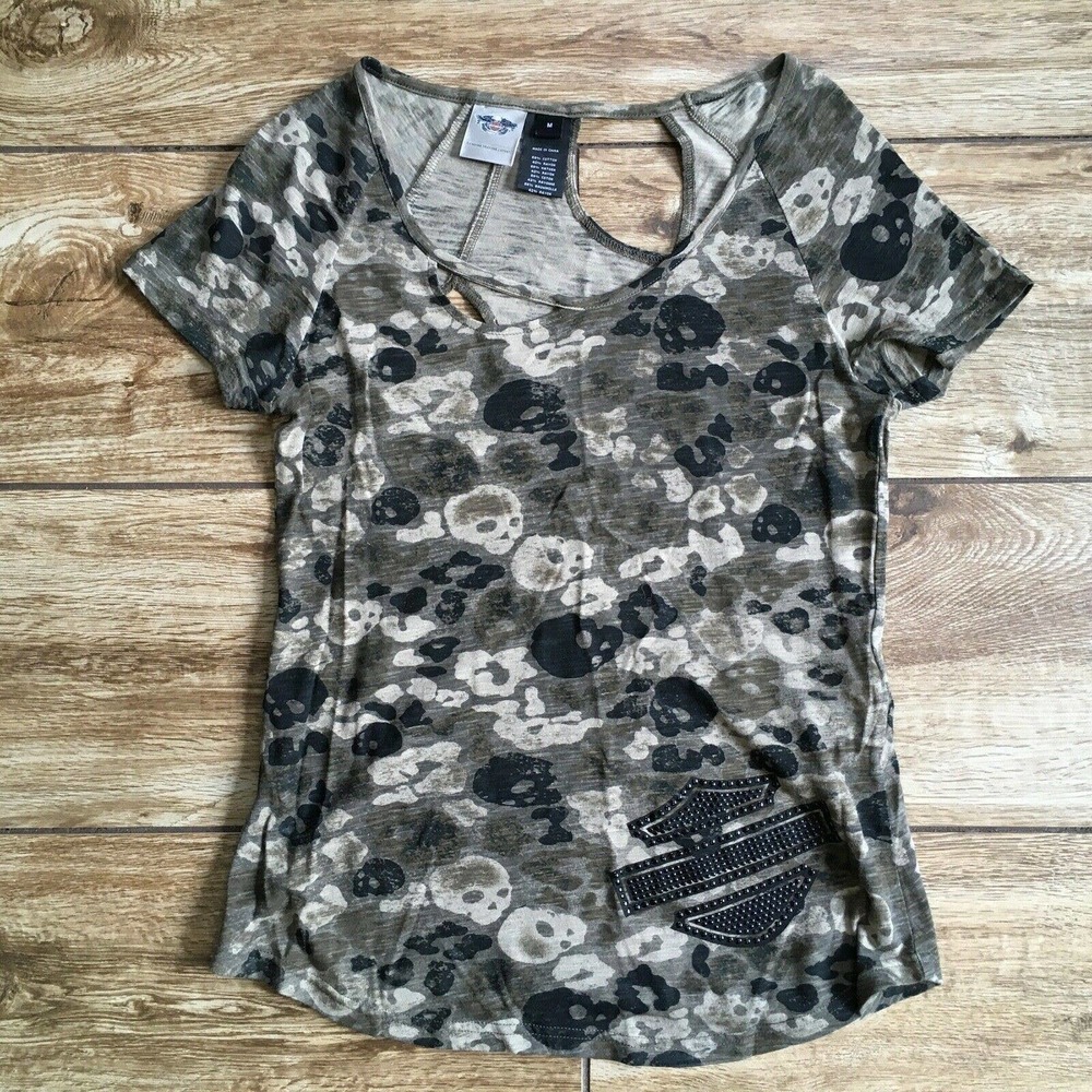 Harley Davidson Women's Camo Skull Print Cut Out Top Size M t-shirt
